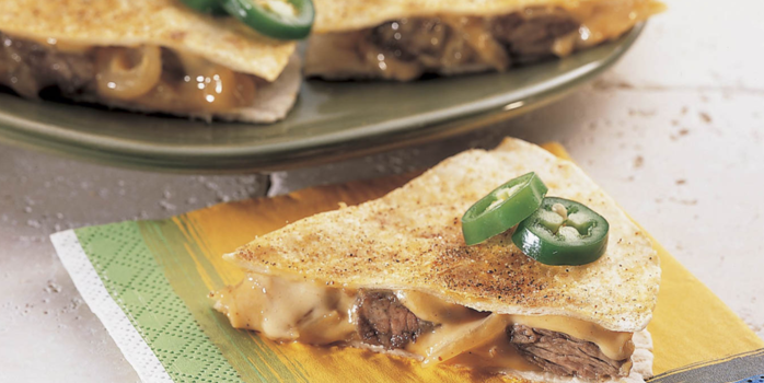Semi-Home Cooked Philly Cheese Steak Quesadilla w/Fruit Cups